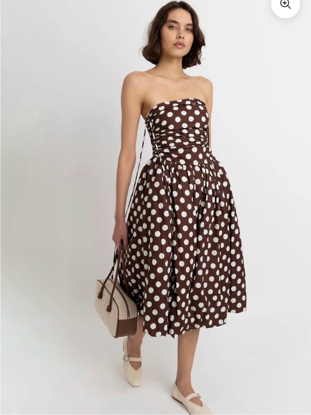 Amy Lynn Alexa shoulder tie Puffball midi Dress brown polka dot